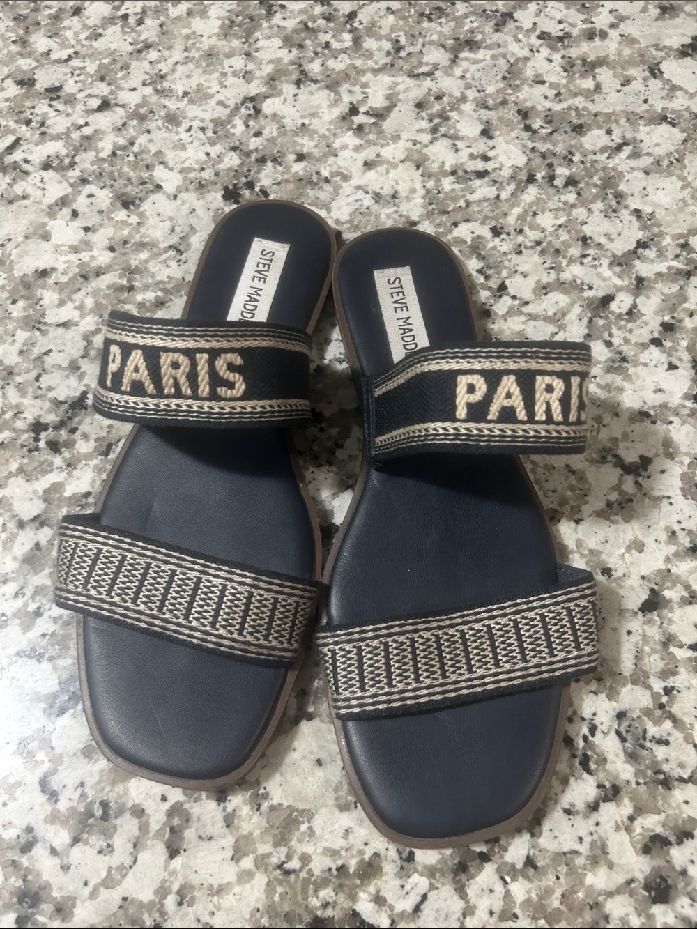 Steve Madden Navy and Beige 'Paris' Double Strap Slide Sandals
